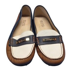Michael Kors Womens 8.5 Brown White Navy Leather Logo Loafer Flat Shoe Gold Bar
